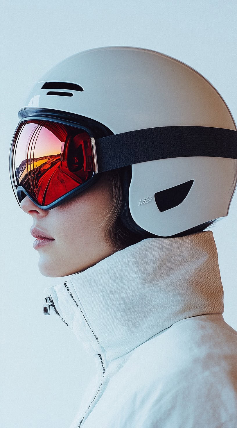 Side view of a woman with long hair neatly tucked under her ski jacket and helmet.