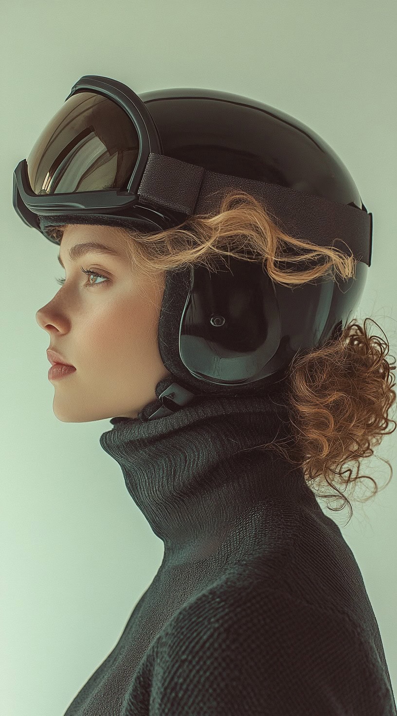Side view of a woman with naturally curly hair styled in a loose, messy low bun, hidden under a ski helmet.