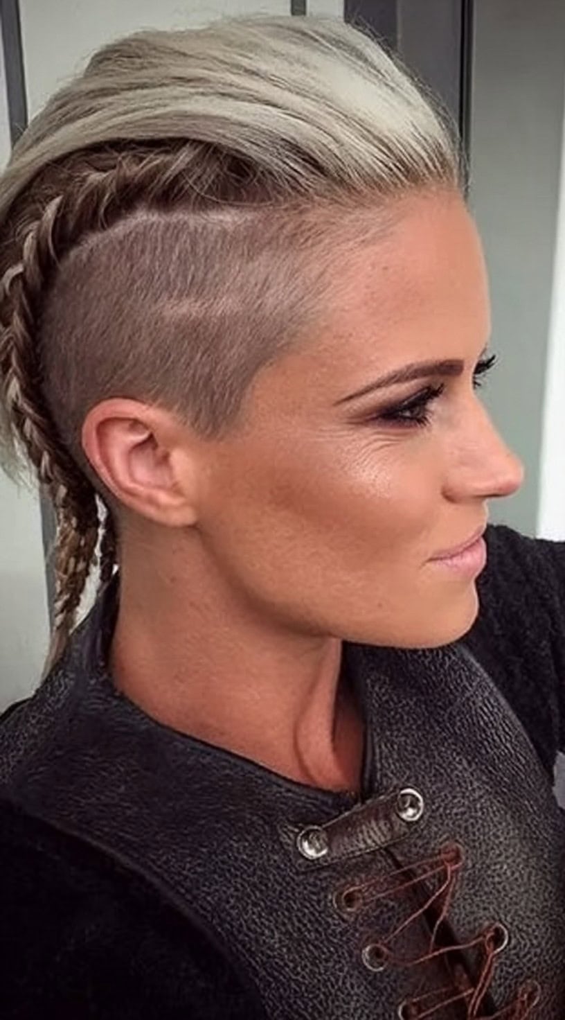 A woman with shaved sides and platinum blonde hair has one side braid and a slicked back top.