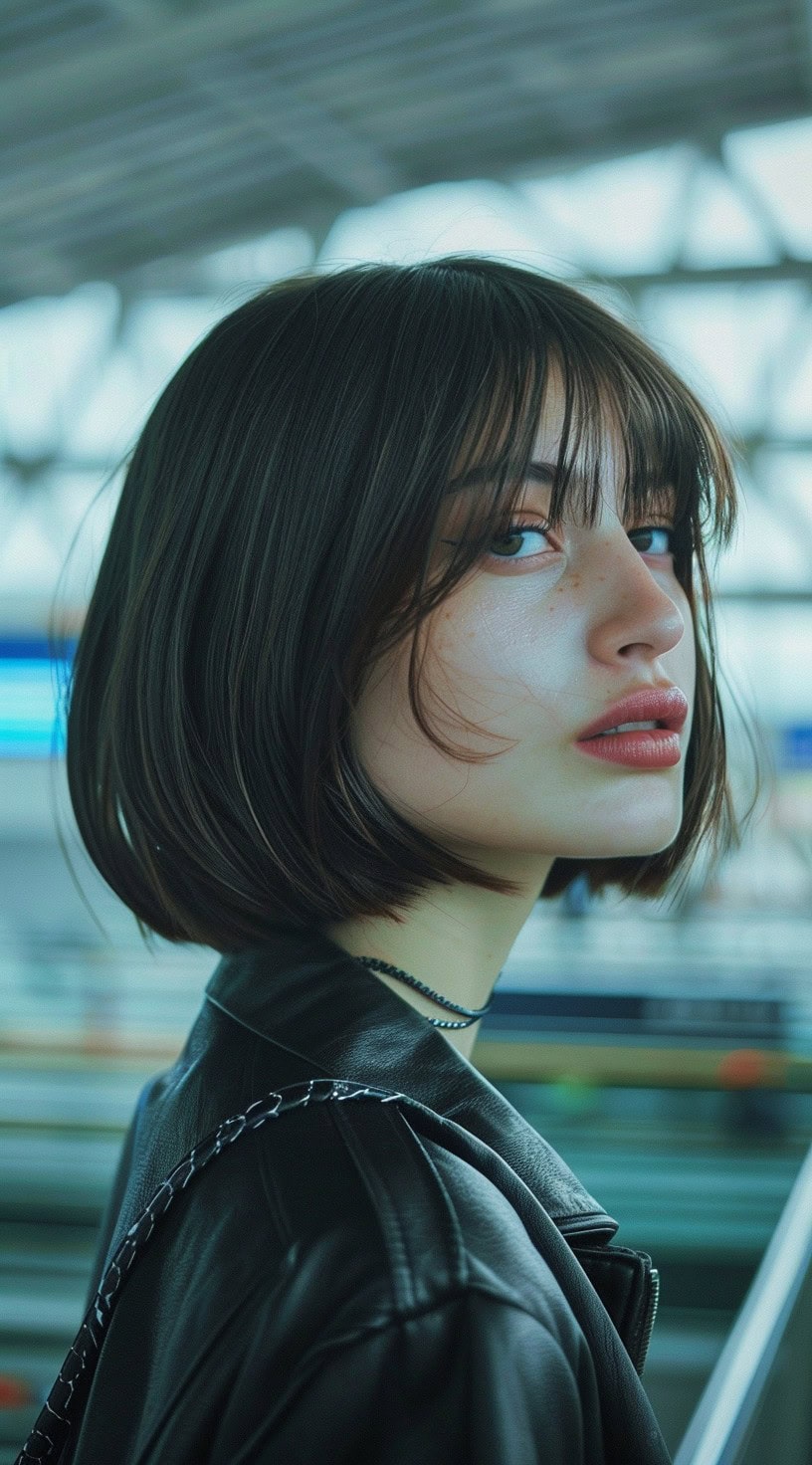 The photo shows a man with a sleek bob haircut and wispy bangs standing at the airport.