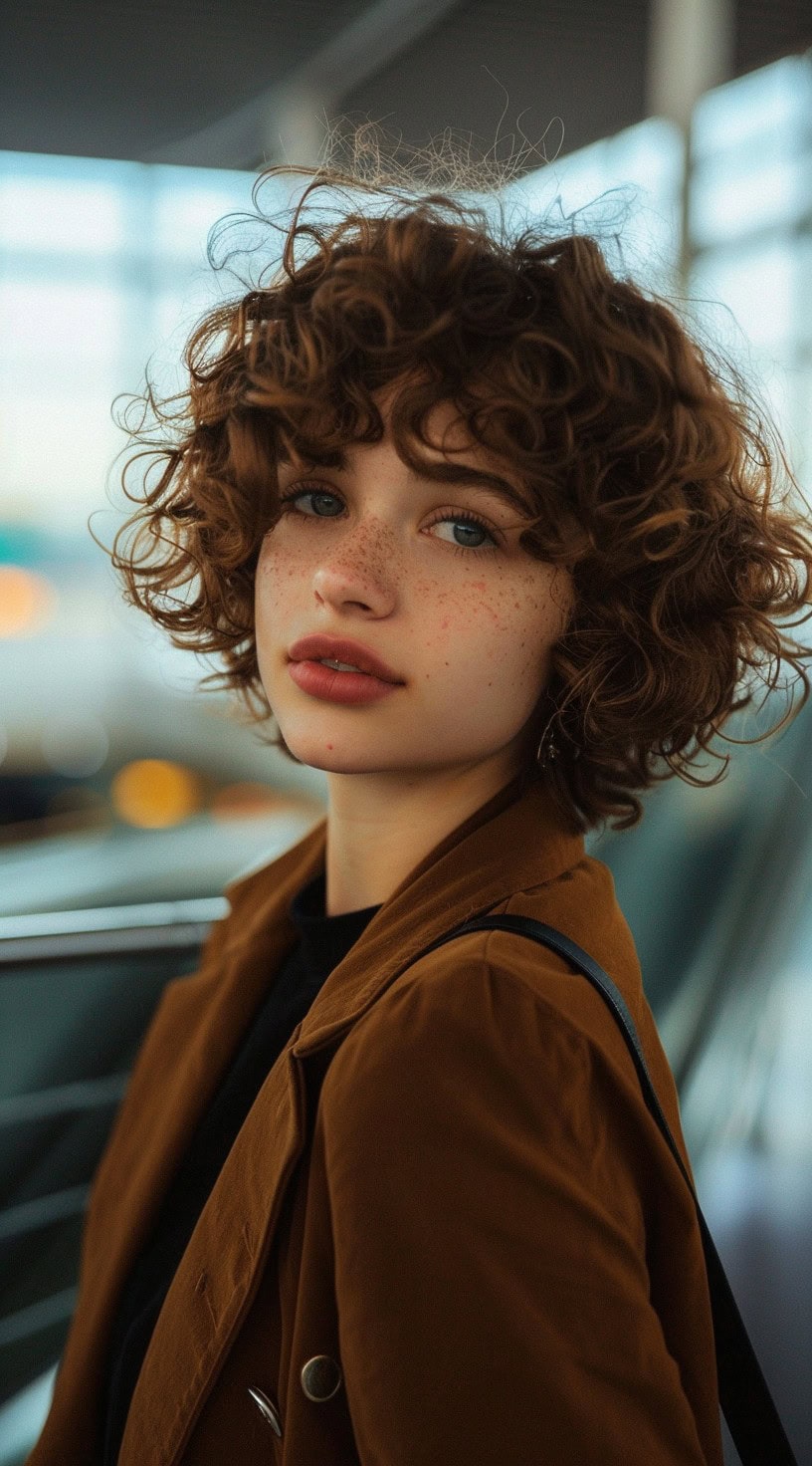 Woman with soft curly haircut and defined curls at the airport.