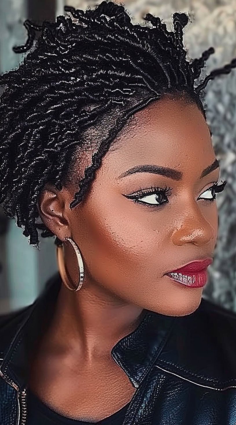 This photo shows a woman with short, tightly curled 4c hair styled to create volume and parted to the side.