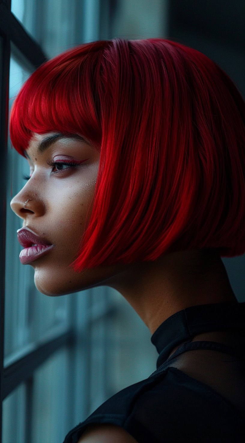 The photo shows a woman with a classic red bob and full bangs.
