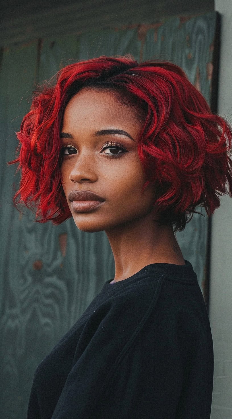 This image shows a woman with dark skin and textured curly red hair looking at the camera with a serene expression.
