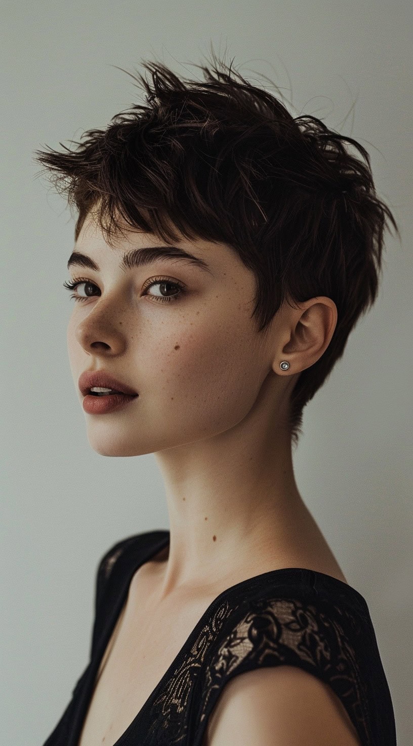 This image shows a woman with a pixie cut with tousled layers to add texture.