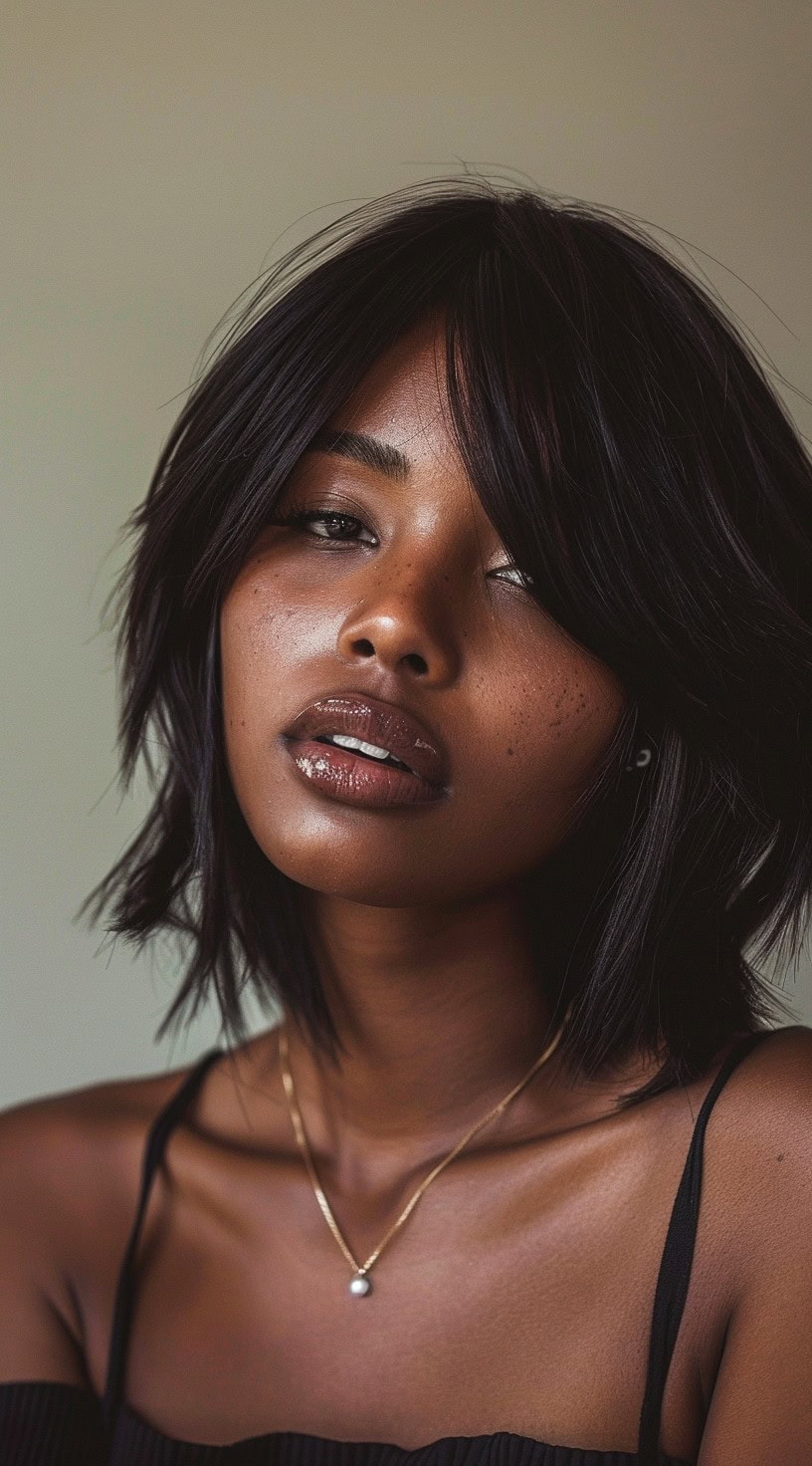 На этом изображении изображена женщина с текстурированной стрижкой боб и зачесанной набок челкой.