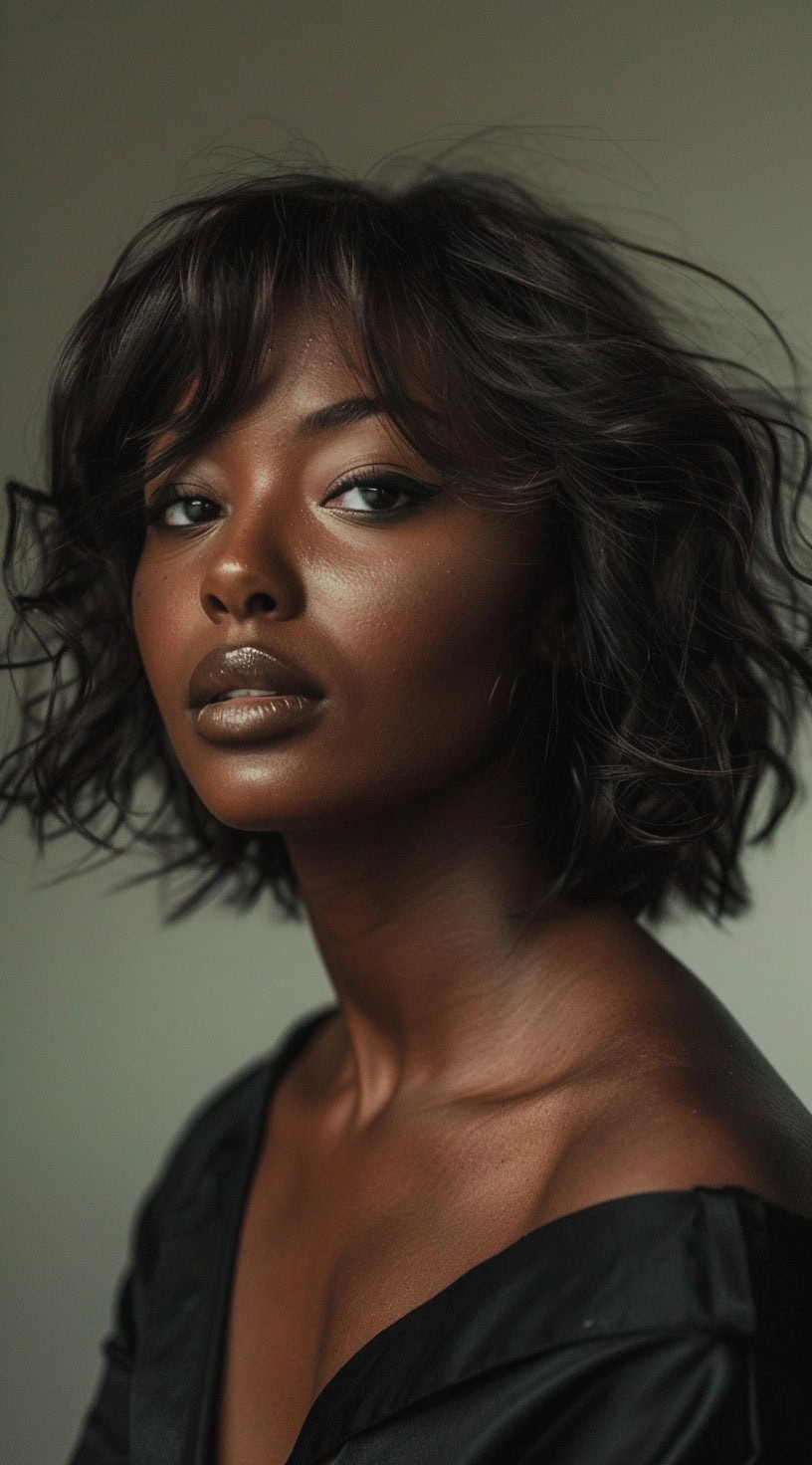 Вид спереди женщины с волнистой стрижкой «боб» и многослойной челкой, в черном топе.