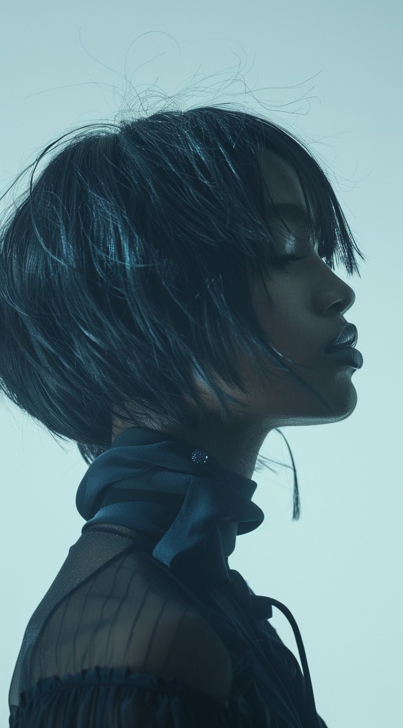 Вид в профиль женщины с острым асимметричным бобом и текстурированной челкой.