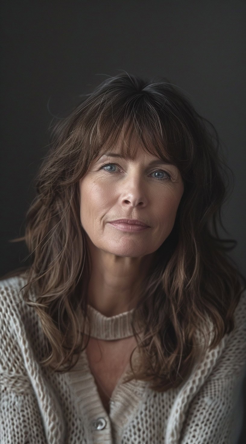 Classic, narrow bangs with layered waves that frame a woman's round face.