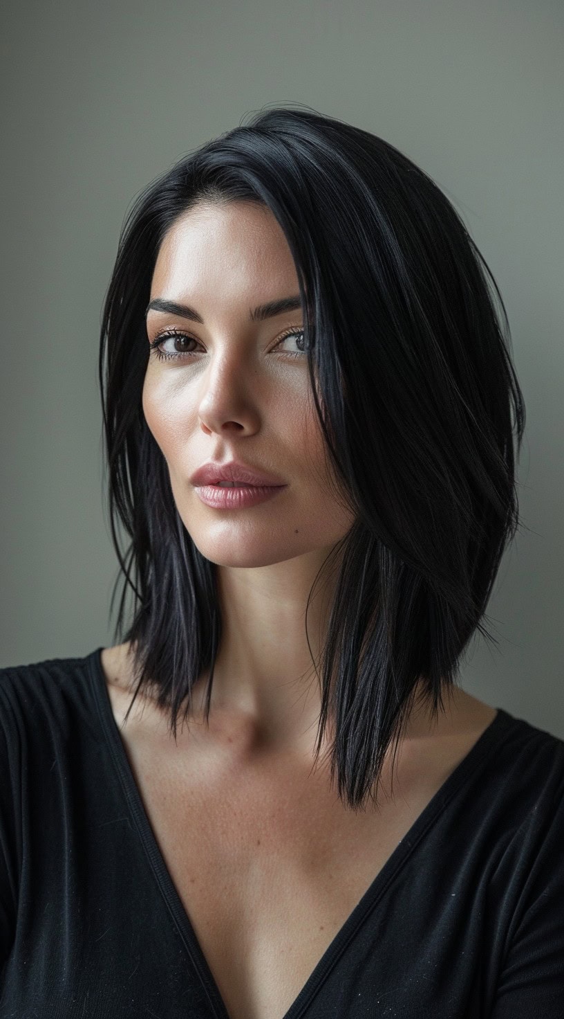 A sleek bob (long bob) with a side parting suits women with straight dark hair, creating a sleek and sophisticated look.