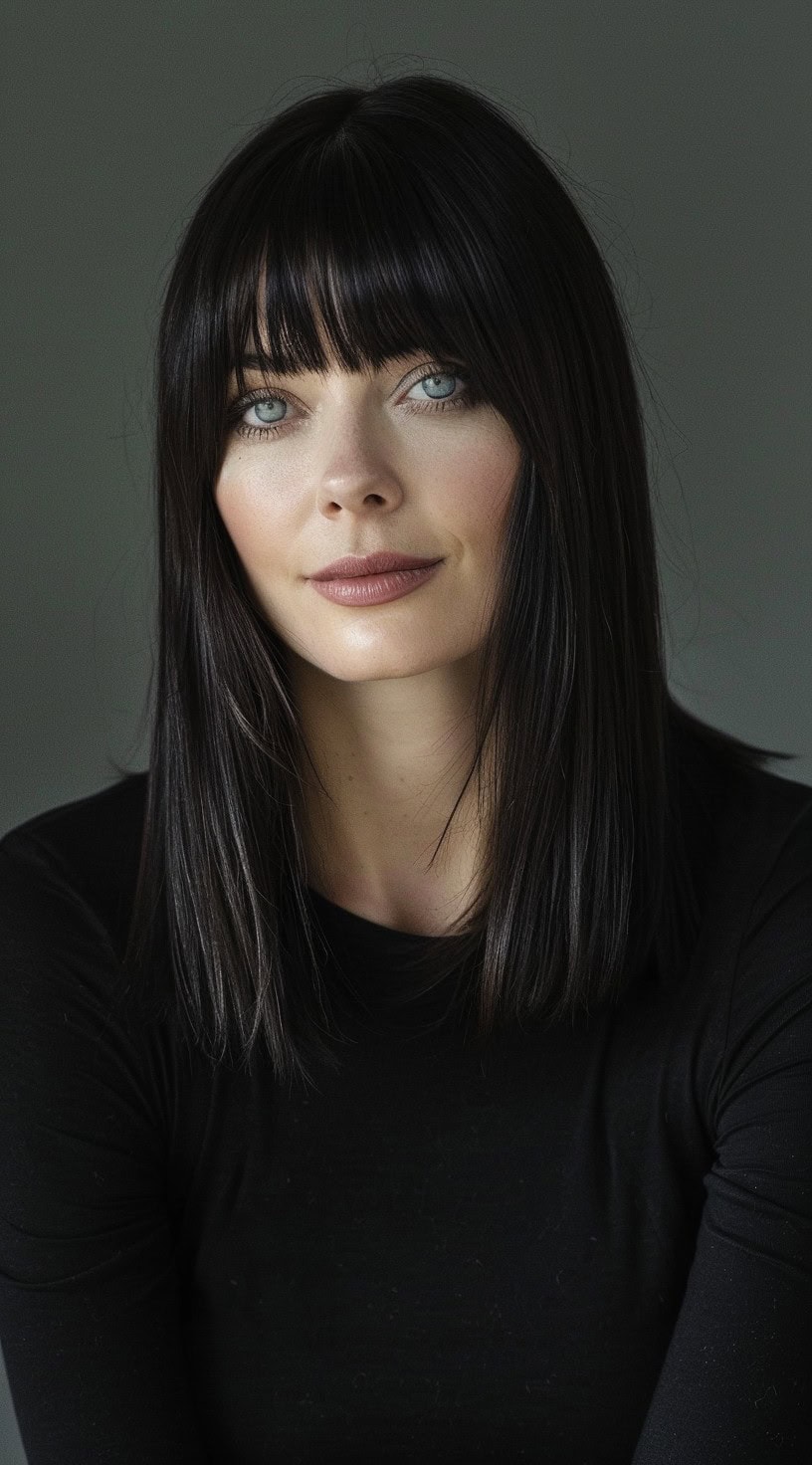 A sleek medium length hairstyle with straight bangs will suit a woman with straight dark hair.