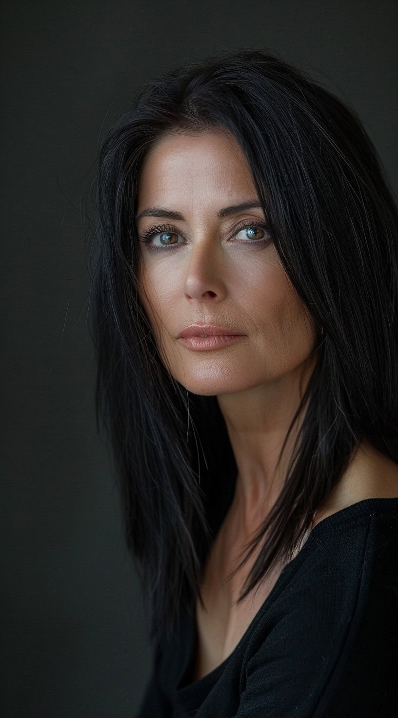 A straight and sleek hairstyle with a middle parting is suitable for women with dark hair.