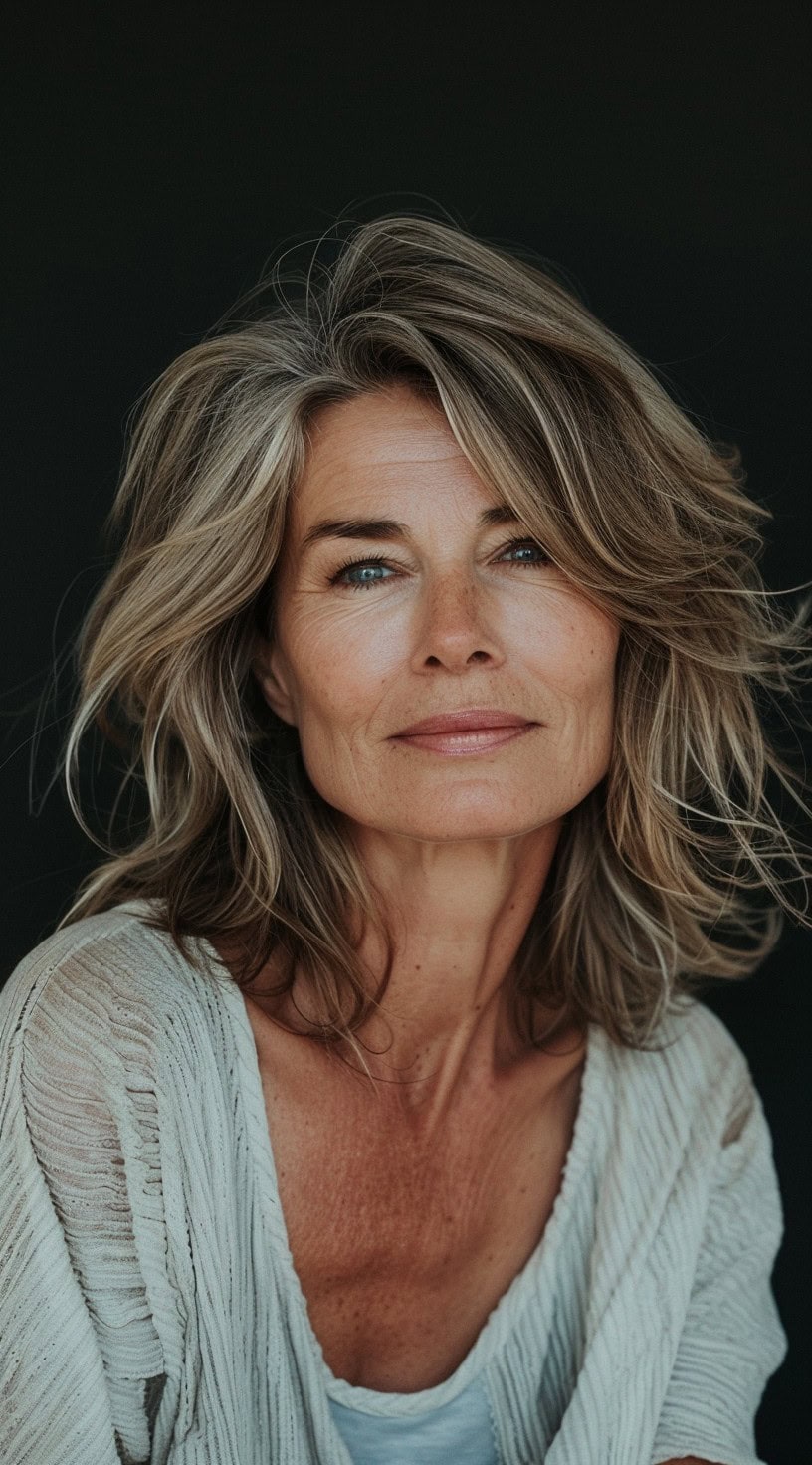 A side swept hairstyle with side bangs suits women with wavy blonde hair, adding texture and volume.