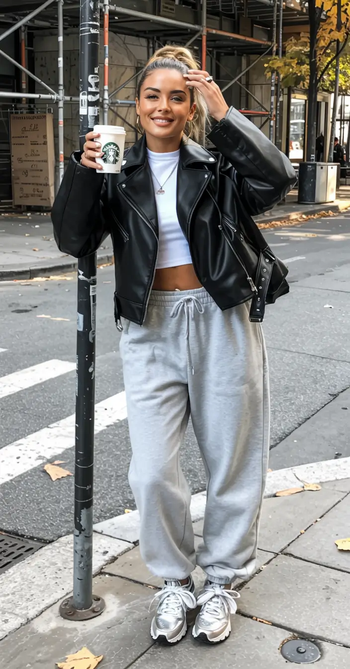 comfy winter outfits ideas 2025 2026 sporty chic leather