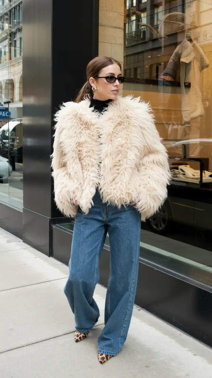 comfy winter outfits ideas 2025 2026 glamorous faux fur