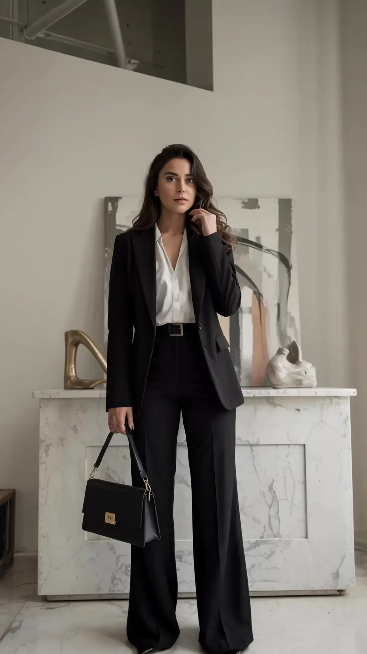 winter work outfits 2025 2026 style guide Classic Black Suit Refinement