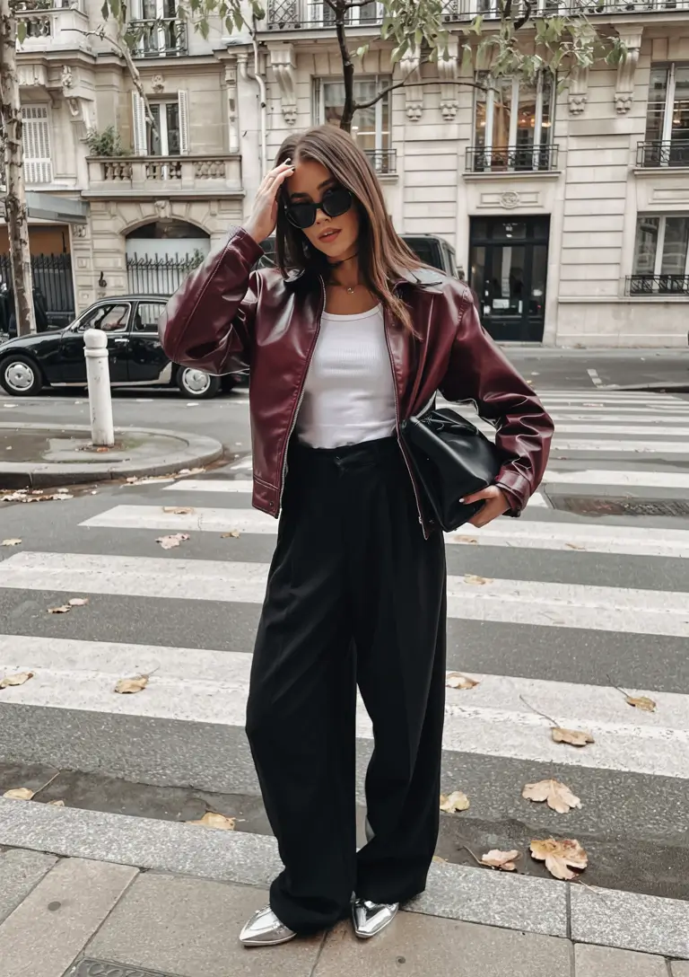 outfits ideas for winter 2025 2026 Playful Metallics with Burgundy Leather