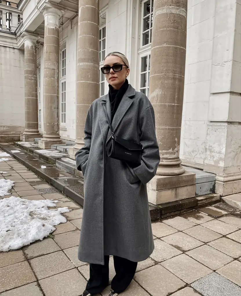 outfits ideas for winter 2025 2026 Grey Coat and Black Layers Subtle Power